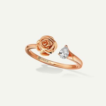 Rose Thank You Gold Mini Ring with Pear Diamond Pink Gold
