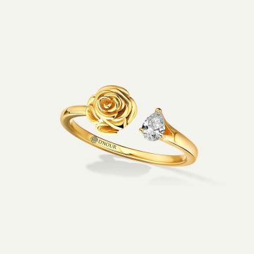 Rose Thank You Gold Mini Ring with Pear Diamond Yellow Gold