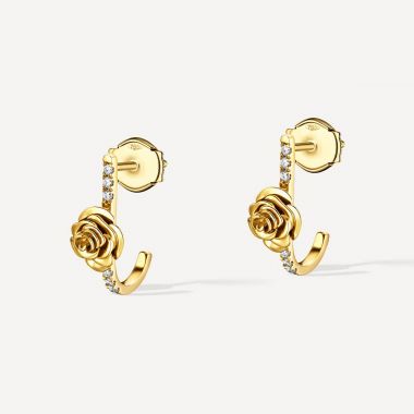 Rose Thank you Earring with Three Diamond Yellow Gold